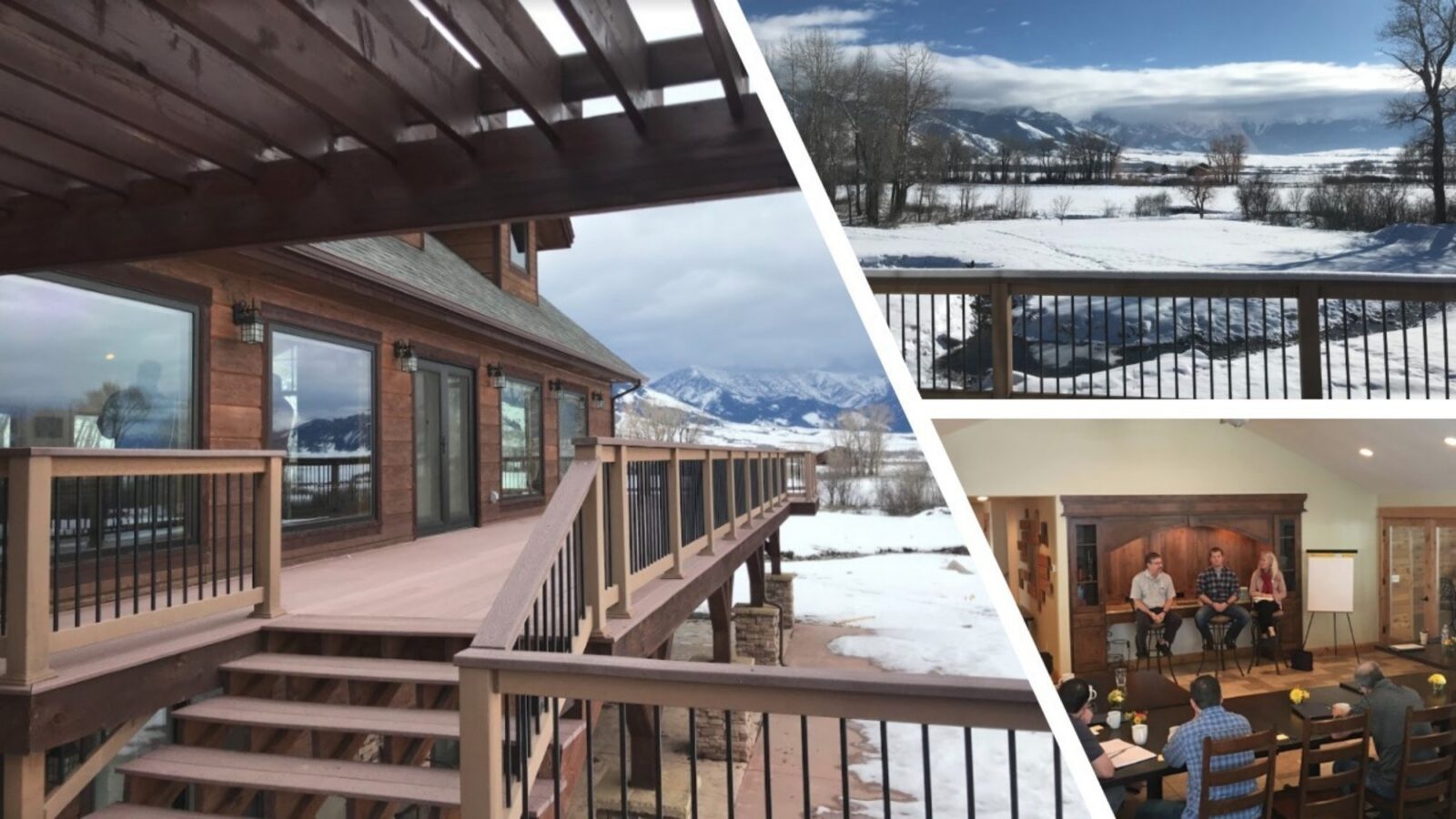 Pictures of a scenic retreat with snowy landscapes and an indoor discussion