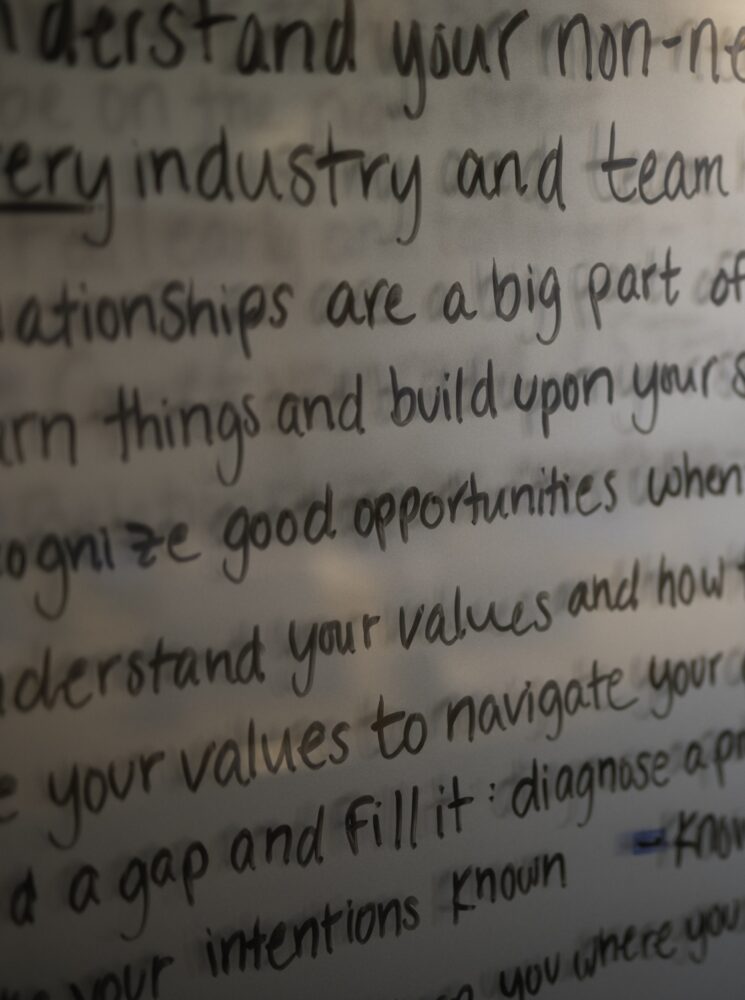 Handwritten notes on a whiteboard with business concepts