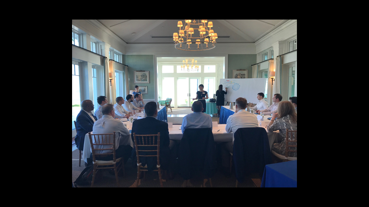 Business meeting with a presentation in a well-lit conference room.