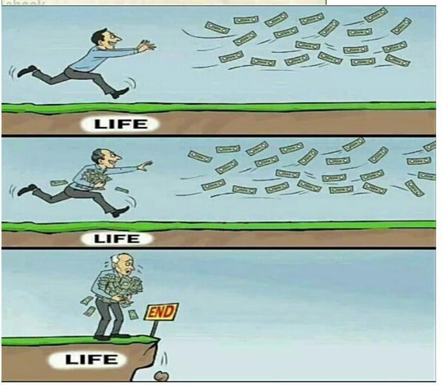 Cartoon depicting a person chasing money throughout their life, reaching the end with nothing