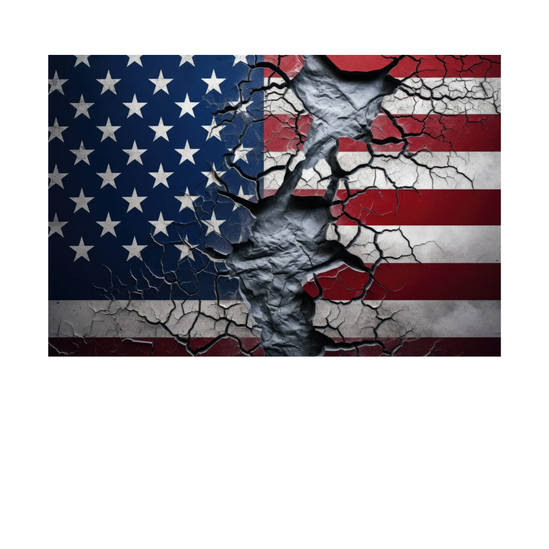 Cracked American flag with a hand breaking through.