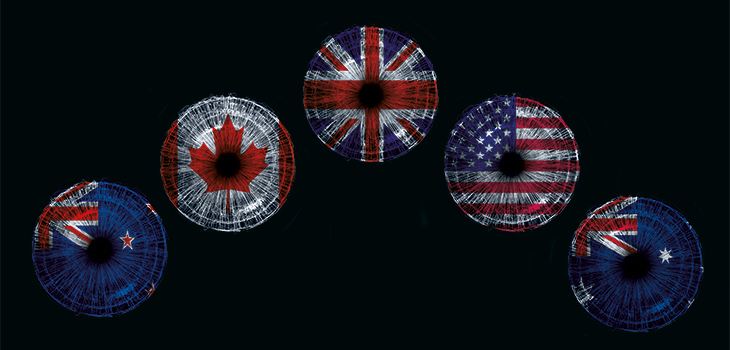 Flags of Australia, Canada, UK, and the US in a circular design.