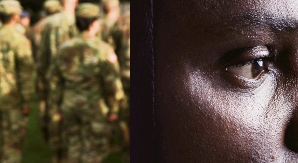 Image depicting a close-up of a soldier's eye next to a blurred background of a group of soldiers.