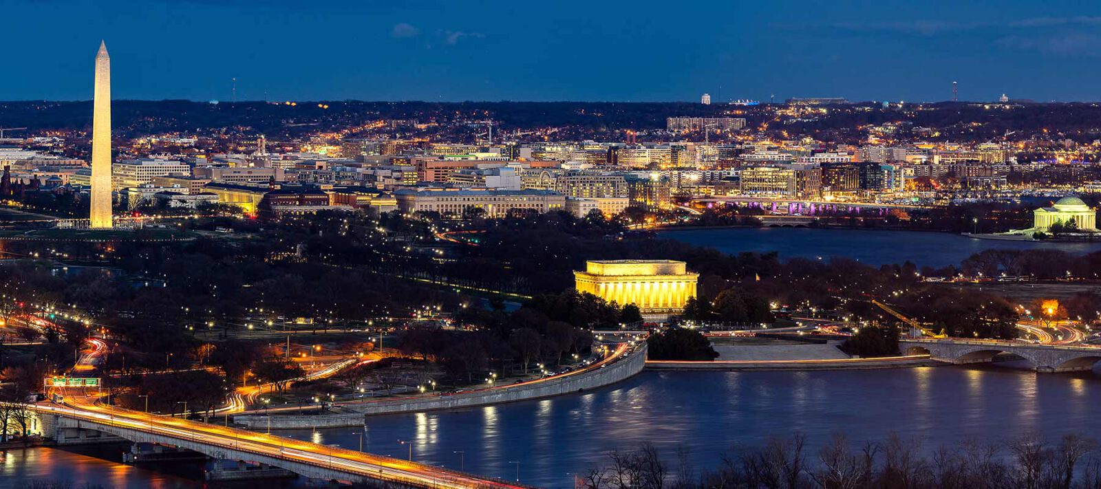 Aerial view of Washington DC at night time.
